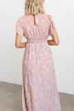 Pink Floral Textured V Neck Smocked Maxi Dress
