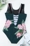 Green Floral Mesh Ladder Hollow-out Back One Piece Swimwear