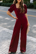 Burgundy Belted Square Neck Puff Sleeve Jumpsuit