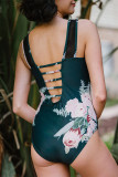 Green Floral Mesh Ladder Hollow-out Back One Piece Swimwear