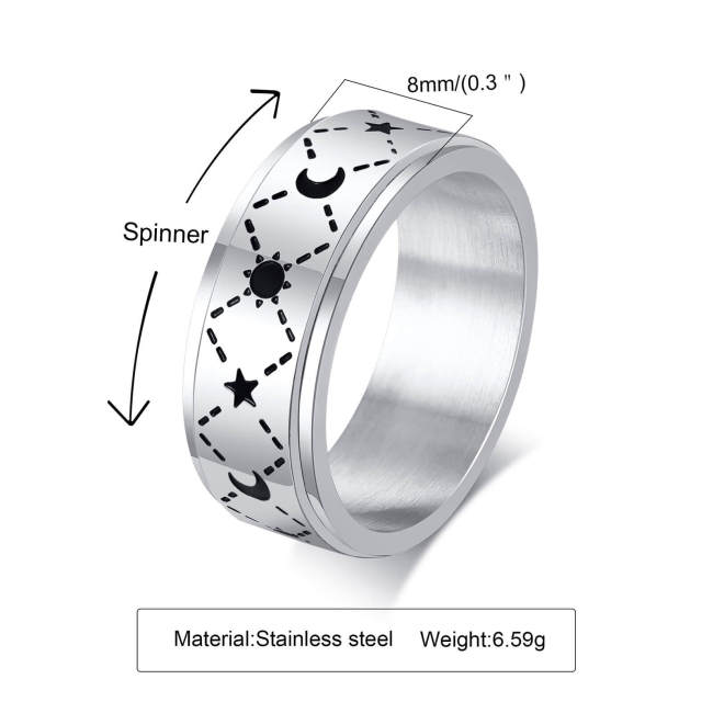 Wholesale Stainless Steel Sun Moon and Star Alternating Ring