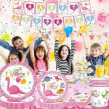 Pink Dinosaur Theme Birthday Decoration with Tablecloth Tableware Tissue Dinner Plate Paper Cup Set