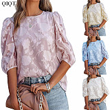 Floral Texture Bubble Sleeve Chiffon Loose Top For Women 2022 Ladies Tops Shirt