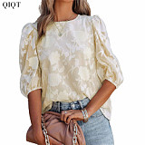 Floral Texture Bubble Sleeve Chiffon Loose Top For Women 2022 Ladies Tops Shirt