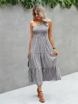 Printed Plaid One Shoulder Pleated Casual Dress Women Floral Dresses For Ladies Dress