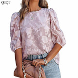 Floral Texture Bubble Sleeve Chiffon Loose Top For Women 2022 Ladies Tops Shirt