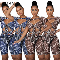 wholesale clothing Women amazon Summer see-through mesh printing hollow sexy jumpsuit