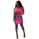 fashionable Amazon Summer Women's solid color sleeveless shirt and printed trouser suit two piece pants set