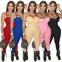wholesale Women clothing Amazon hot selling summer low-cut halter sexy solid color bodycon one-piece pants jumpsuit