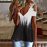 2022 Summer Printing floral lace tops hollow out shoulder women casual T shirt