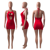 Amazon Women wholesaler solid color broken hole strap halter backless sexy mini Dress
