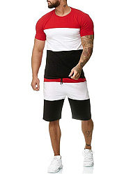 Patchwork Short Sleeve Casual Sports Round Neck T-Shirt Shorts Set Men