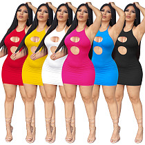 Amazon Women wholesaler solid color broken hole strap halter backless sexy mini Dress