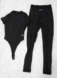 Sexy mesh see-through high waist trousers short sleeves tight one-piece top set 2 piece set women