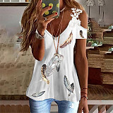 2022 Summer Printing floral lace tops hollow out shoulder women casual T shirt