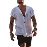 Solid Color Cotton Linen Shirt Loose Short Sleeve V Neck Large Size Men Top