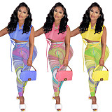 Amazon Summer Women's solid color sleeveless shirt mesh printed suit two piece pants set