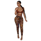 Amazon summer women's fashionable mesh pants print strap two piece set