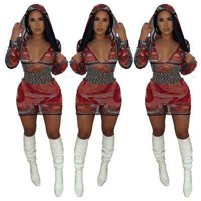 Amazon spring gauze positioning print hooded one-piece dress