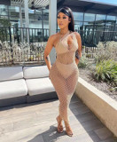 Women's sexy bodycon solid color see-through mesh beach sleeveless maxi dress
