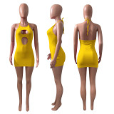 Amazon Women wholesaler solid color broken hole strap halter backless sexy mini Dress