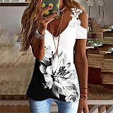 2022 Summer Printing floral lace tops hollow out shoulder women casual T shirt