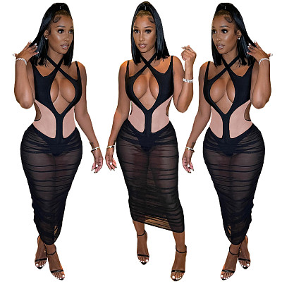 Amazon summer new mesh stitching shoulder sleeveless halter dress