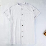 Solid Color Cotton Linen Shirt Loose Short Sleeve V Neck Large Size Men Top