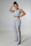 wholesale women clothing solid color sleeveless bandage crop top and pants two piece set