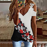 2022 Summer Printing floral lace tops hollow out shoulder women casual T shirt