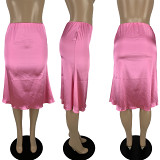 Women's solid color bright high spring satin skirt