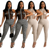 Amazon Women 2022 summer Night club sexy sleeveless plaque-checked knit see-through jumpsuit
