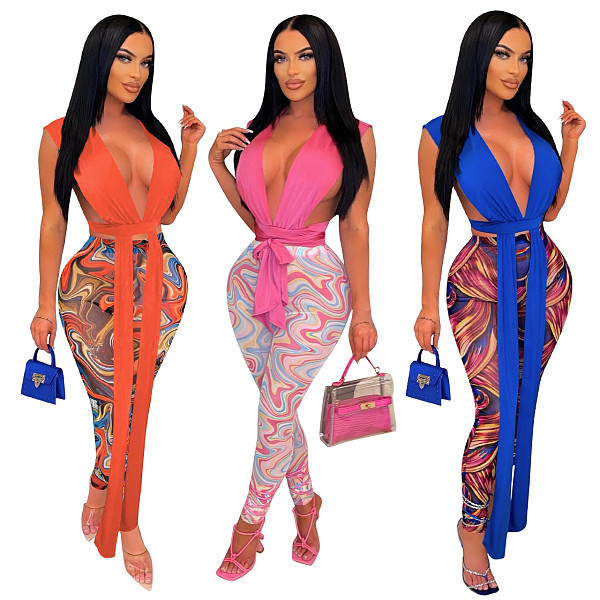 wholesale clothing Amazon summer women fashionable mesh pants printed and sexy top two piece set