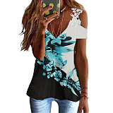 2022 Summer Printing floral lace tops hollow out shoulder women casual T shirt