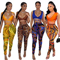 Amazon summer women's fashionable mesh pants print strap two piece set