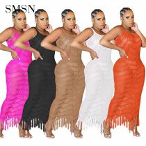 Women's solid-color sleeveless jacquard knit fringed beach maxi long dress