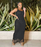 Women's solid-color sleeveless jacquard knit fringed beach maxi long dress