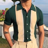 Summer Lapel Contrast Color T Shirt Cardigan Knit Short Sleeve Men Top
