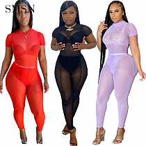 Sexy mesh see-through high waist trousers short sleeves tight one-piece top set 2 piece set women