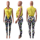 fashionable Amazon Summer Women's solid color sleeveless shirt and printed trouser suit two piece pants set