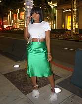 Women's solid color bright high spring satin skirt