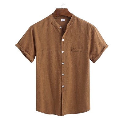 Linen Shirt Short Sleeve Stand Collar Summer Thin Loose Shirt Men Top