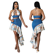 Fashion casual chest wrapped back irregular printing hip wrapped suit two piece set