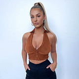 summer 2022 fashion Polo neck knit kinky backless spice Girl crop top blouse shirt