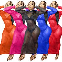 sexy women clothing long sleeve tulle see-through backless bodycon women maxi long dress