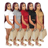Summer casual women zipper short sleeve crop top and shorts two piece sets
