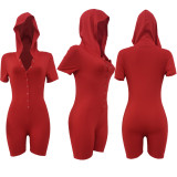 Solid Breasted Short Sleeve Hooded Jumpsuit