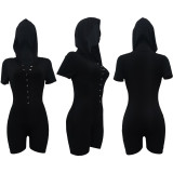 Solid Breasted Short Sleeve Hooded Jumpsuit