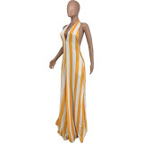 Fashion Sexy Backless Striped Halter Dress