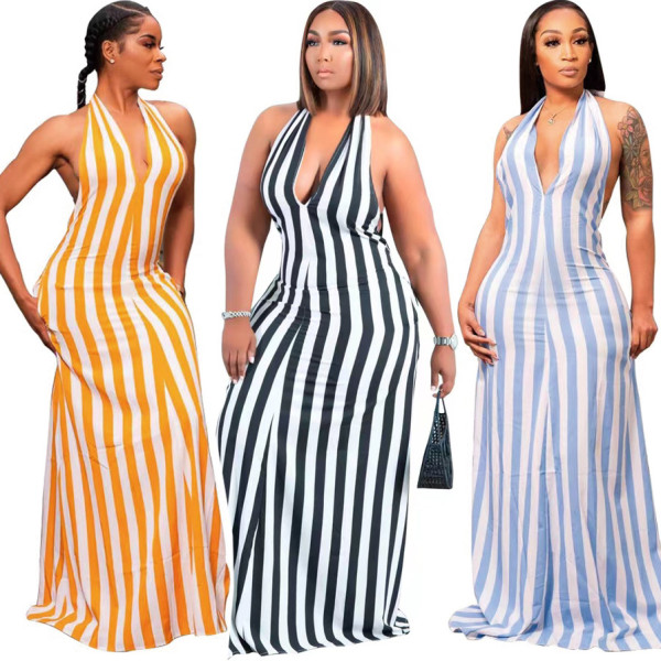 Fashion Sexy Backless Striped Halter Dress